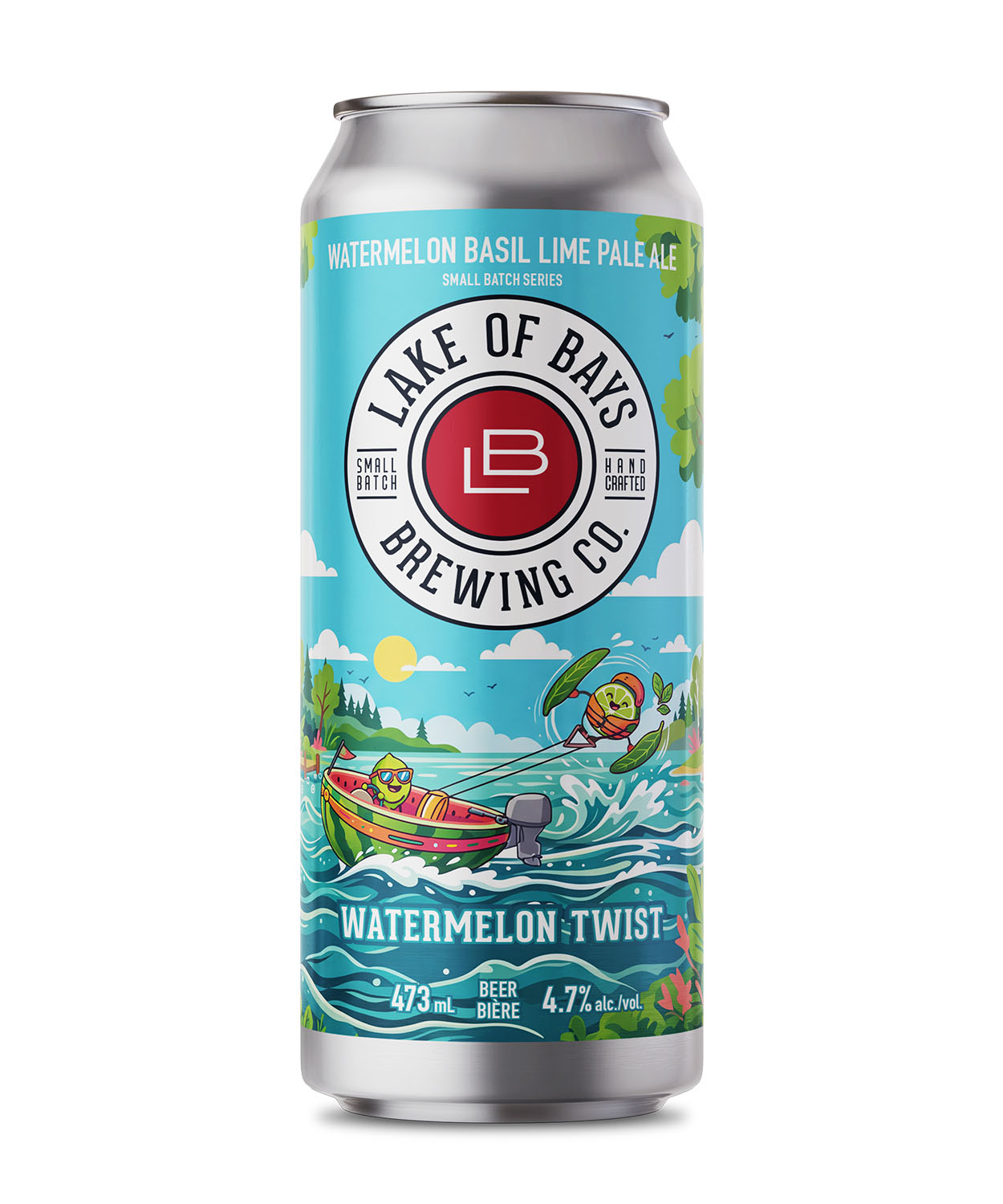 A 16 oz aluminum can of Lake of Bays Brewing Co. Watermelon Twist IPA on a clean white background.